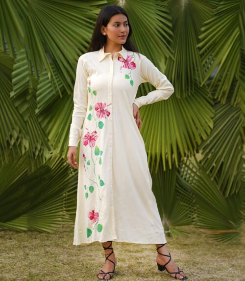 Hibiscus Flowers On Off White Shirt Dress