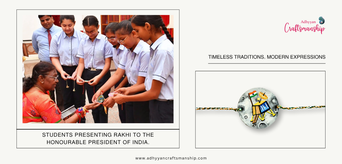 In August 2023, a hand-painted rakhi, inspired by the Chandrayaan mission, was presented and tied to the Honourable President of India, Smt. Droupadi Murmu. This rakhi, carefully crafted with intricate designs that pay homage to India's space achievements, symbolized not only the celebration of Raksha Bandhan but also the pride in the nation's scientific accomplishments.